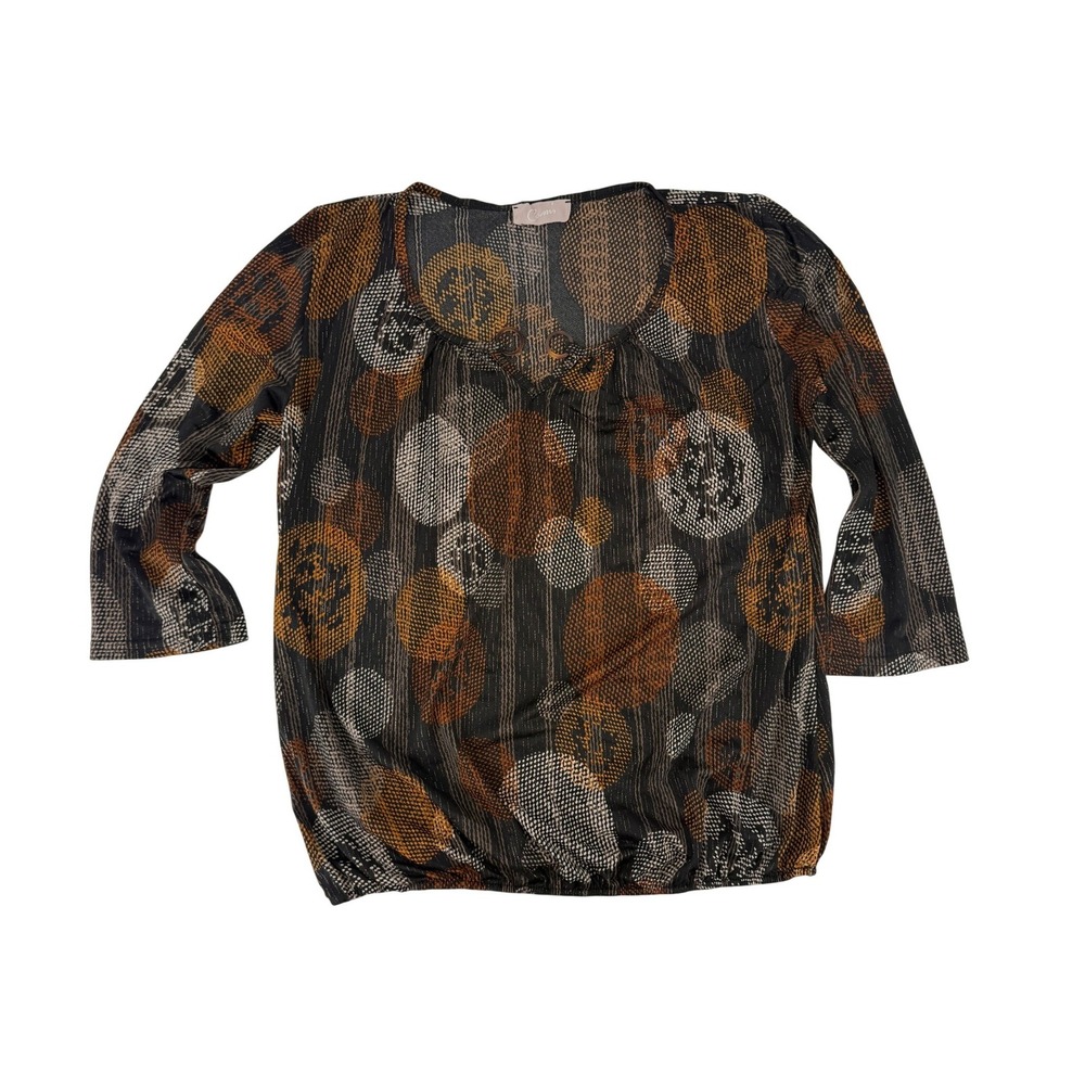 Y2K Abstract Geometric Print Blouse Metallic Gold Stripe Bubble Hem Top T38